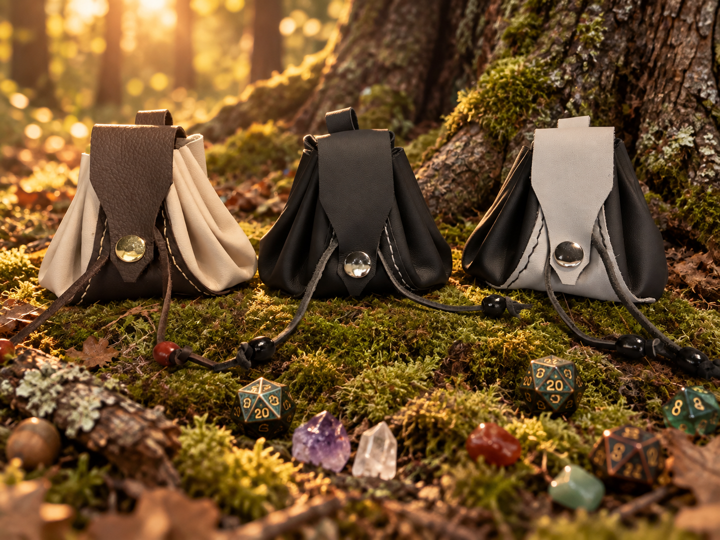 Three authentic leather belt dice bags styled in a forest setting with dice and crystals